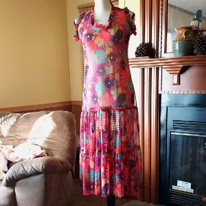 Floral Multicolor Sheer Dress with Ruffle Sleeves